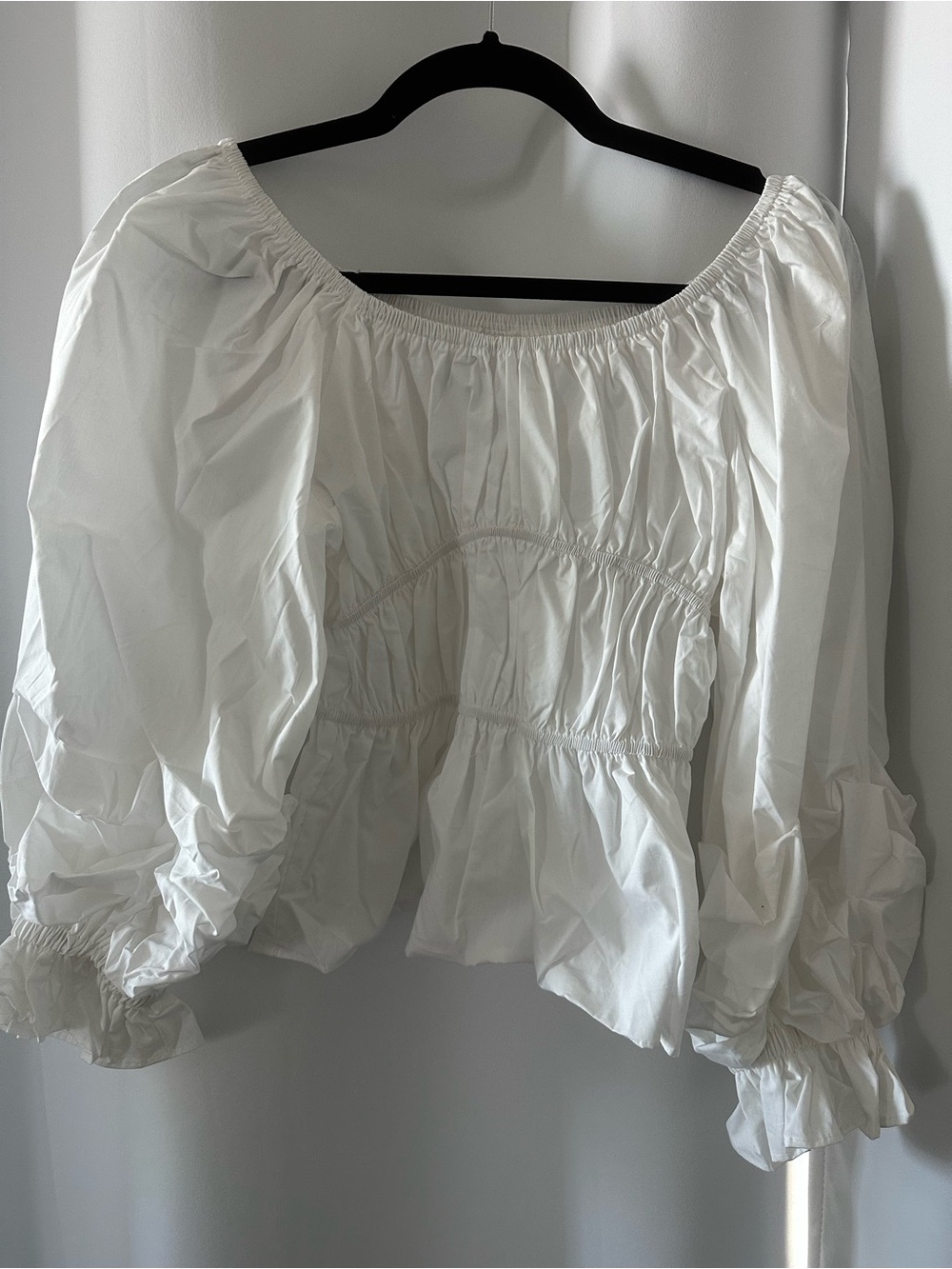 Gathered White Puff-Sleeve Peasant Top